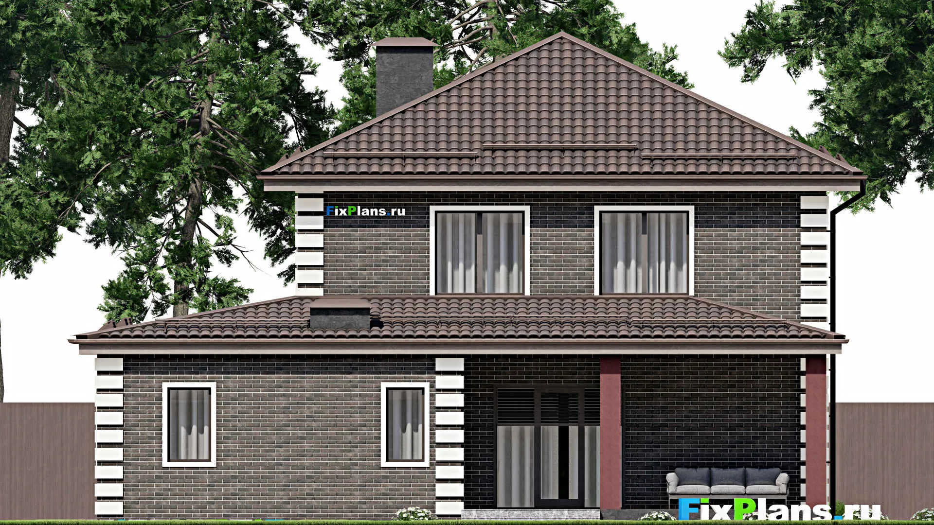 F-7199 - Проект двухэтажного дома 15 на 15, площадью 240 м² с террасой, гаражом на 1 машину и 4 спальнями