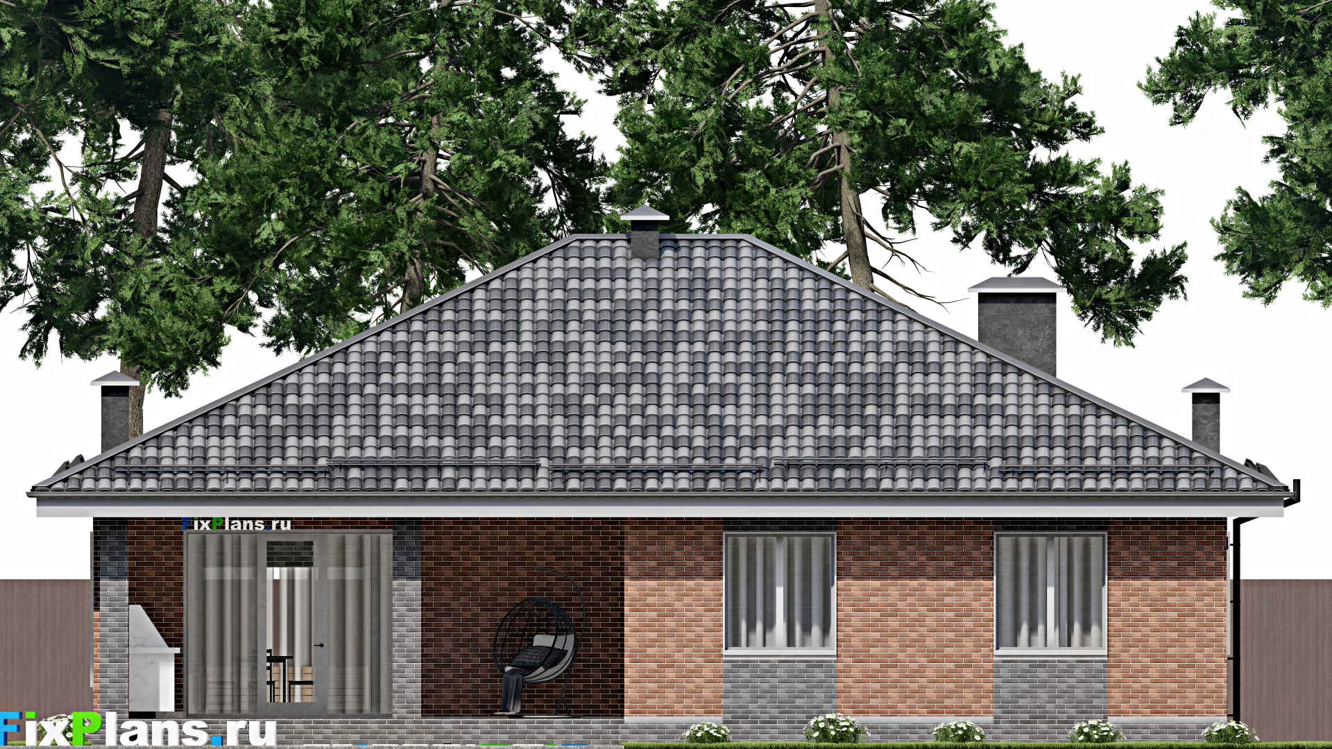 F-5849 - Проект одноэтажного дома 16 на 24, площадью 250 м² с террасой, гаражом на 2 машины и 3 спальнями