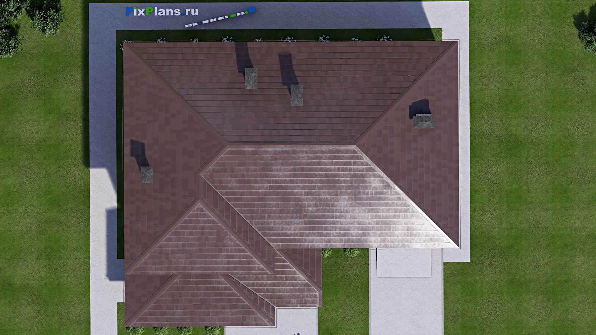 F-9521 - Проект двухэтажного дома 15 на 17, площадью 290 м² с террасой, балконом, баней, гаражом на 1 машину и 3 спальнями