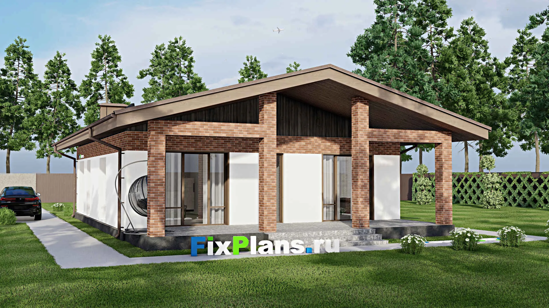 F-6128 - План одноэтажного дома 11 на 13, площадью 150 м² с террасой и 3 спальнями