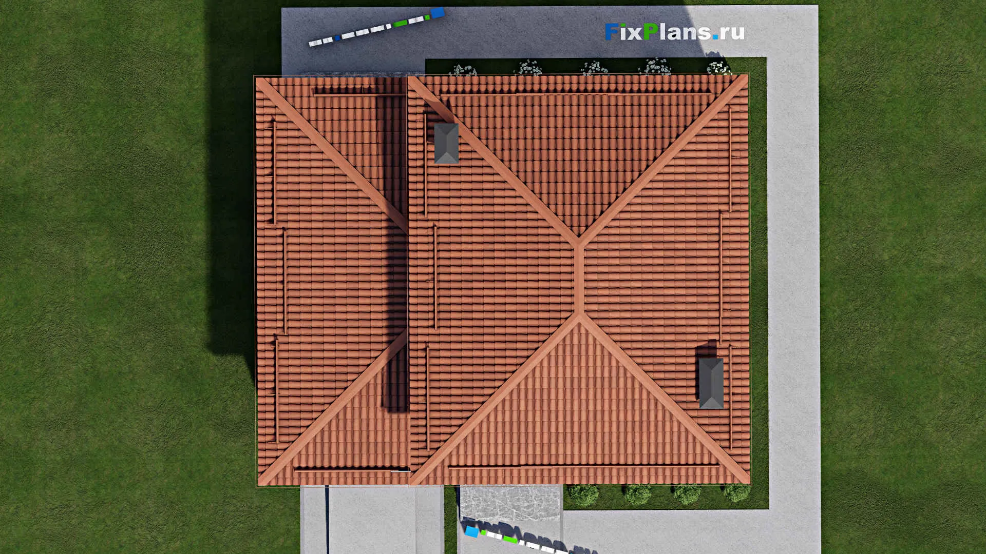 F-5705 - Проект двухэтажного дома 11 на 13, площадью 210 м² с террасой, балконом, цокольным этажом, гаражом на 1 машину и 4 спальнями