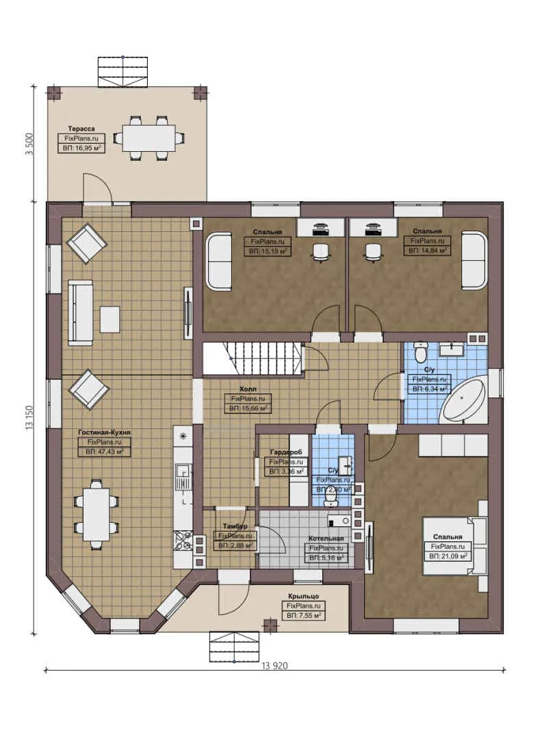 F-0845 - План одноэтажного дома 14 на 14, площадью 160 м² с террасой и 3 спальнями