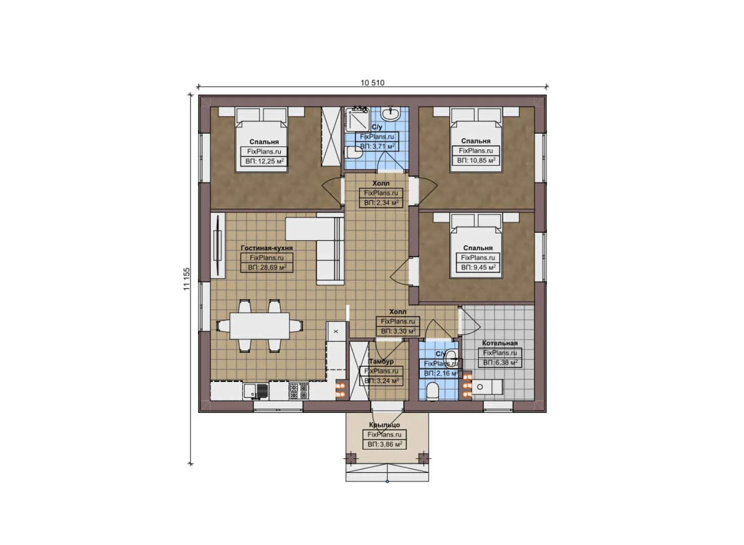 F-11519 - План одноэтажного дома 11 на 12, площадью 90 м² с 3 спальнями