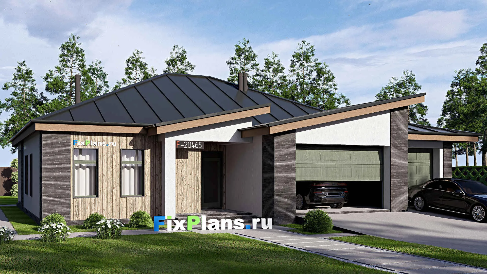 F-20465 - Проект одноэтажного дома 17 на 18, площадью 200 м² с террасой, гаражом на 2 машины и 3 спальнями