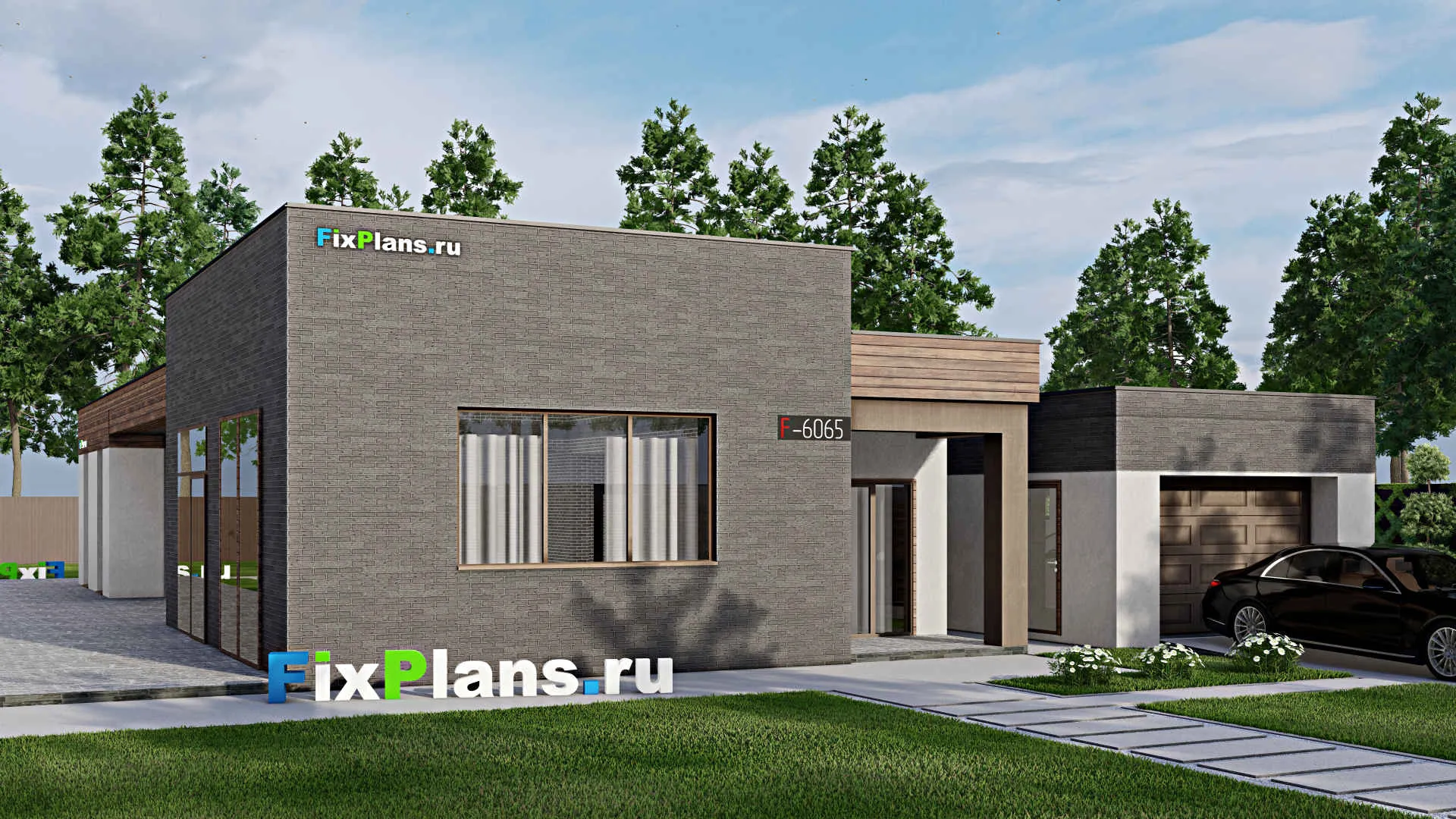 F-6065 - Проект одноэтажного дома 16 на 23, площадью 330 м² с террасой, гаражом на 2 машины и 4 спальнями