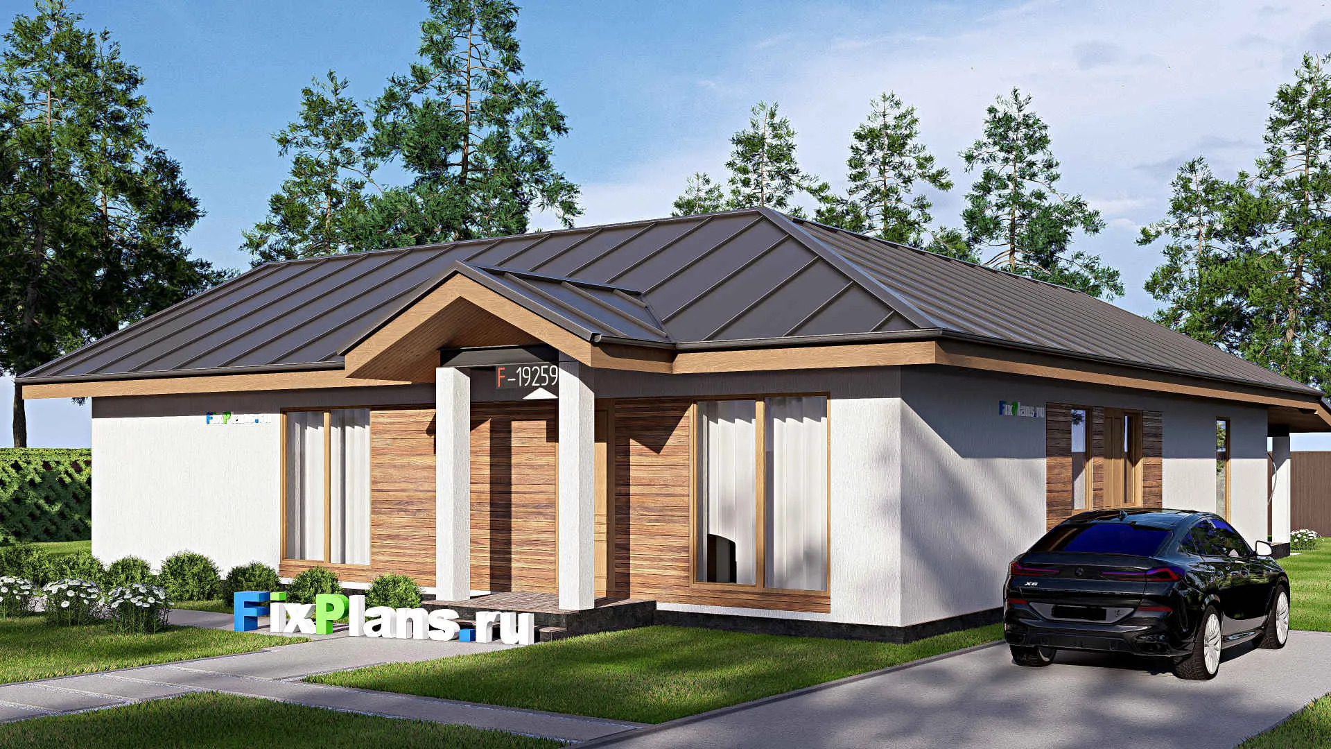 F-19259 - Проект одноэтажного дома 16 на 21, площадью 260 м² с террасой, баней и 4 спальнями
