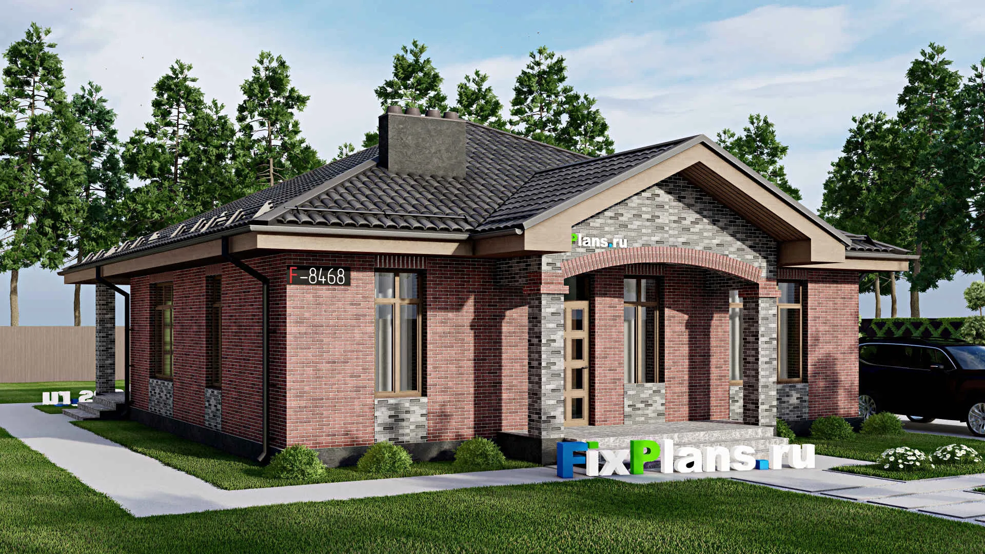 F-8468 - Проект одноэтажного дома 12 на 16, площадью 140 м² с террасой, баней и 2 спальнями
