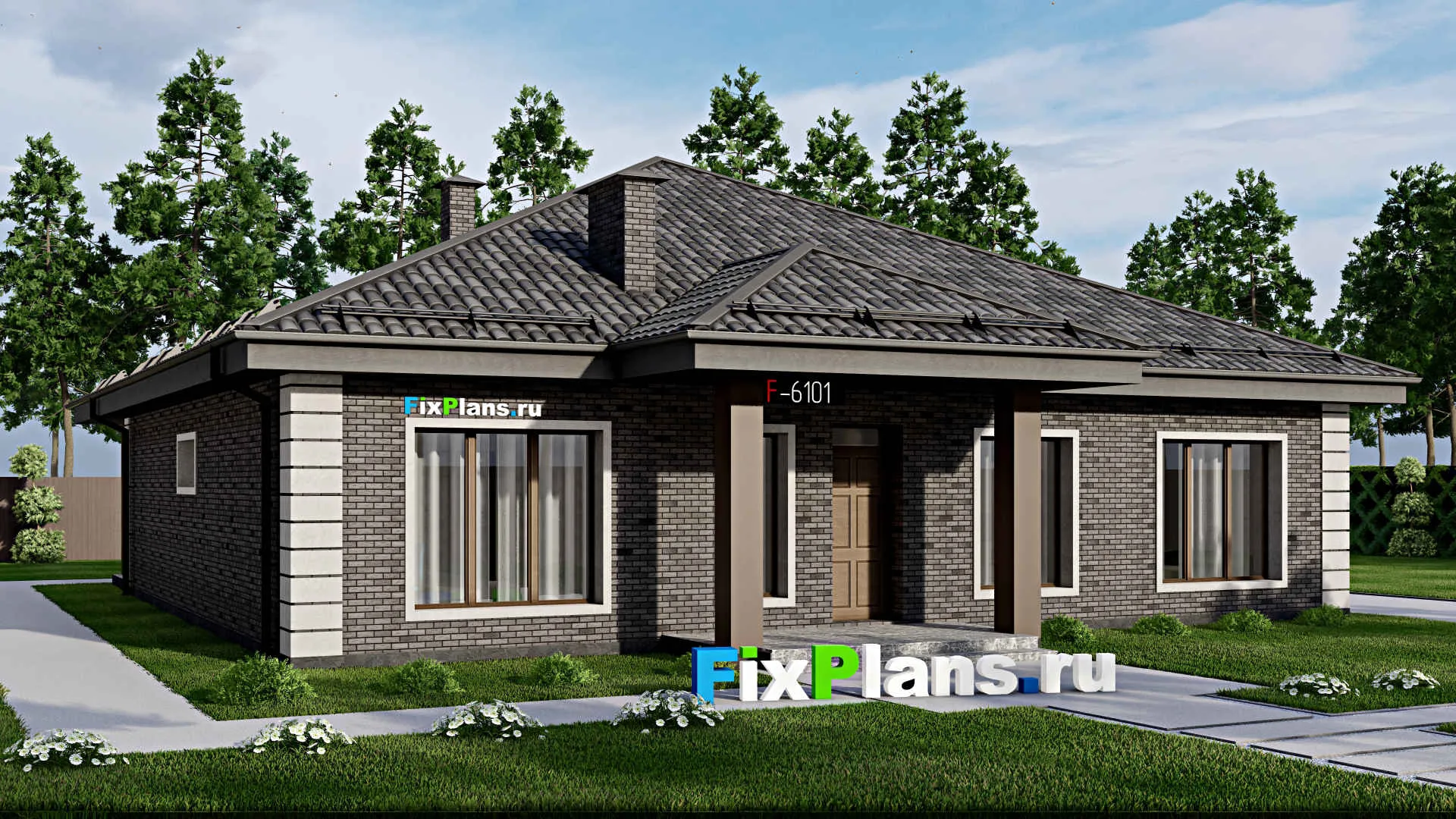 F-6101 - Проект одноэтажного дома 15 на 18, площадью 210 м² с террасой и 4 спальнями