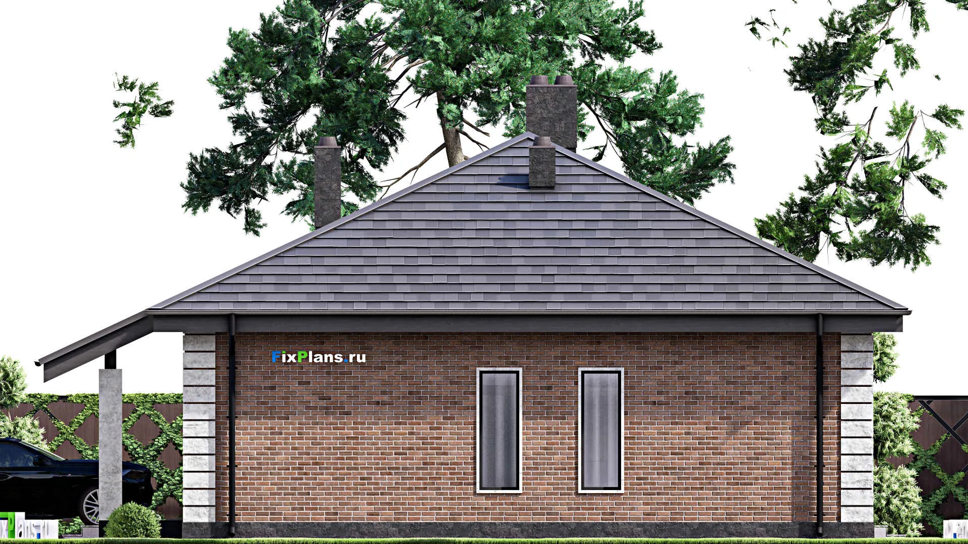 F-14525 - Проект одноэтажного дома 13 на 17, площадью 150 м² с террасой, гаражом на 2 машины и 2 спальнями