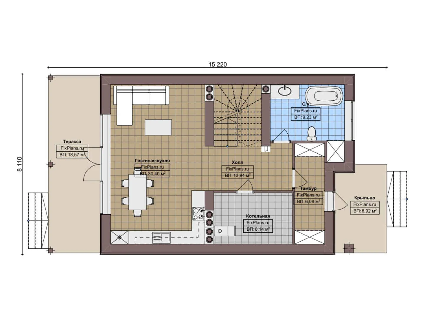 F-7307 - Планы двухэтажного дома 9 на 16, площадью 160 м² с террасой и 3 спальнями