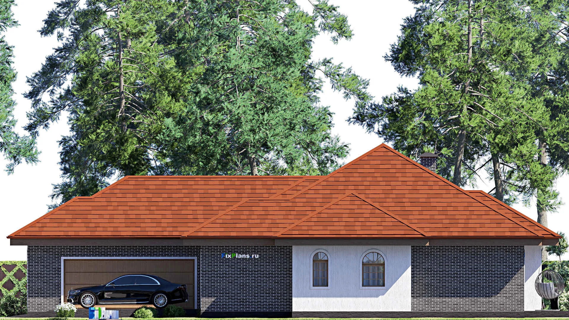 F-17306 - Проект одноэтажного дома 22 на 24, площадью 270 м² с террасой, гаражом на 2 машины и 4 спальнями