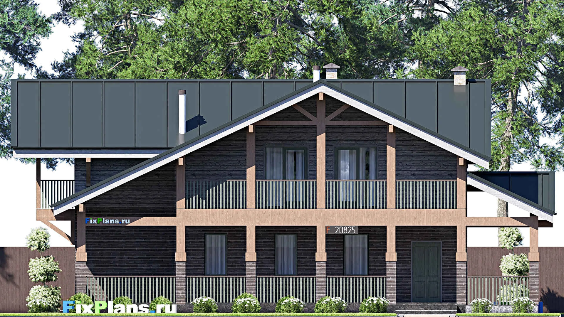 F-20825 - Проект дома с мансардой 16 на 16, площадью 360 м² с террасой, балконом и 4 спальнями