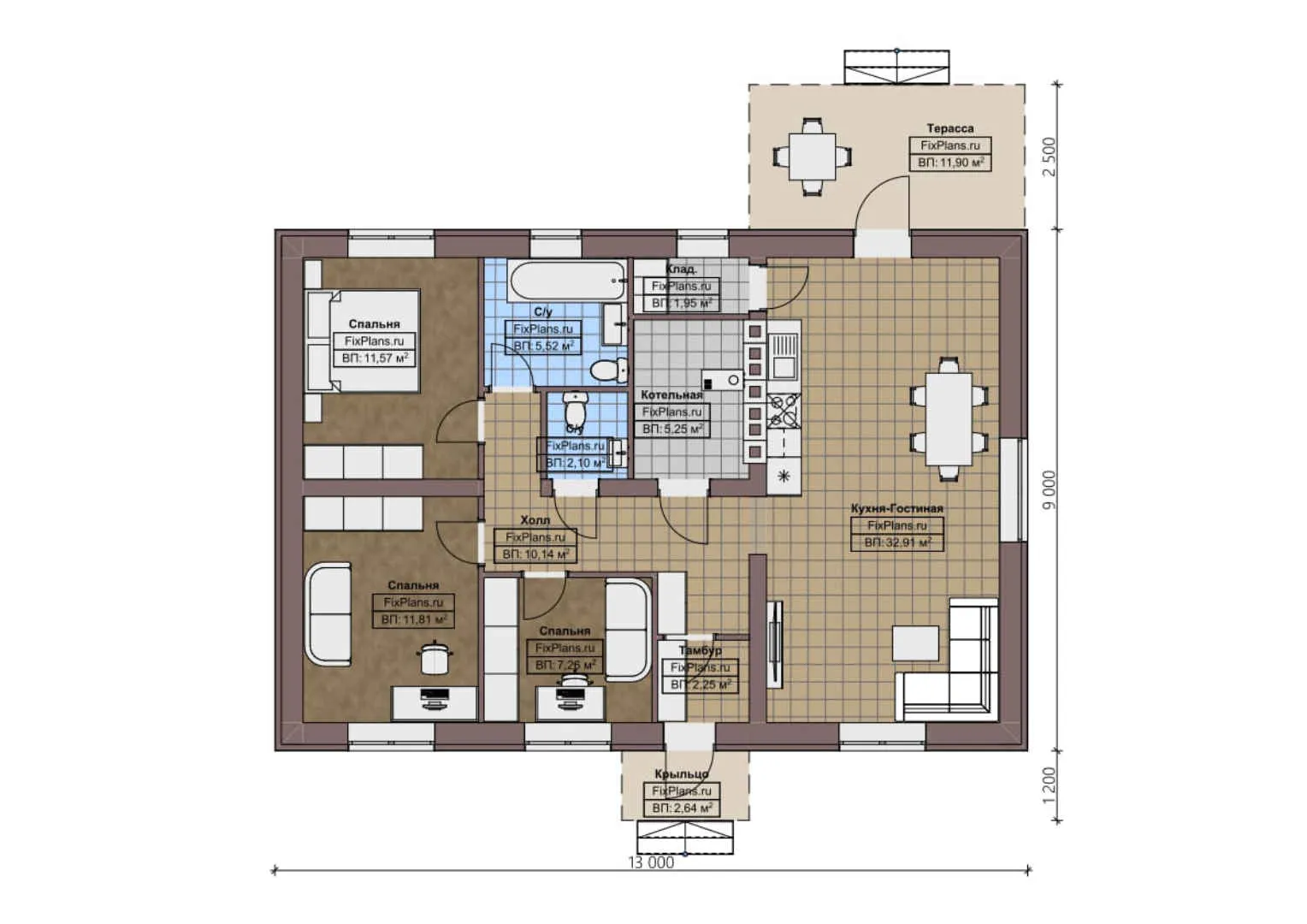 F-1214 - План одноэтажного дома 9 на 13, площадью 110 м² с террасой и 3 спальнями