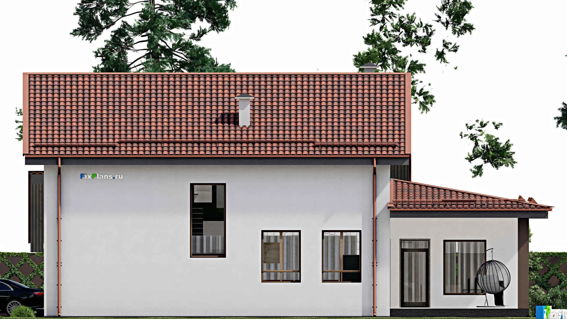 F-9692 - Проект дома с мансардой 16 на 18, площадью 300 м² с террасой, баней, гаражом на 1 машину и 4 спальнями