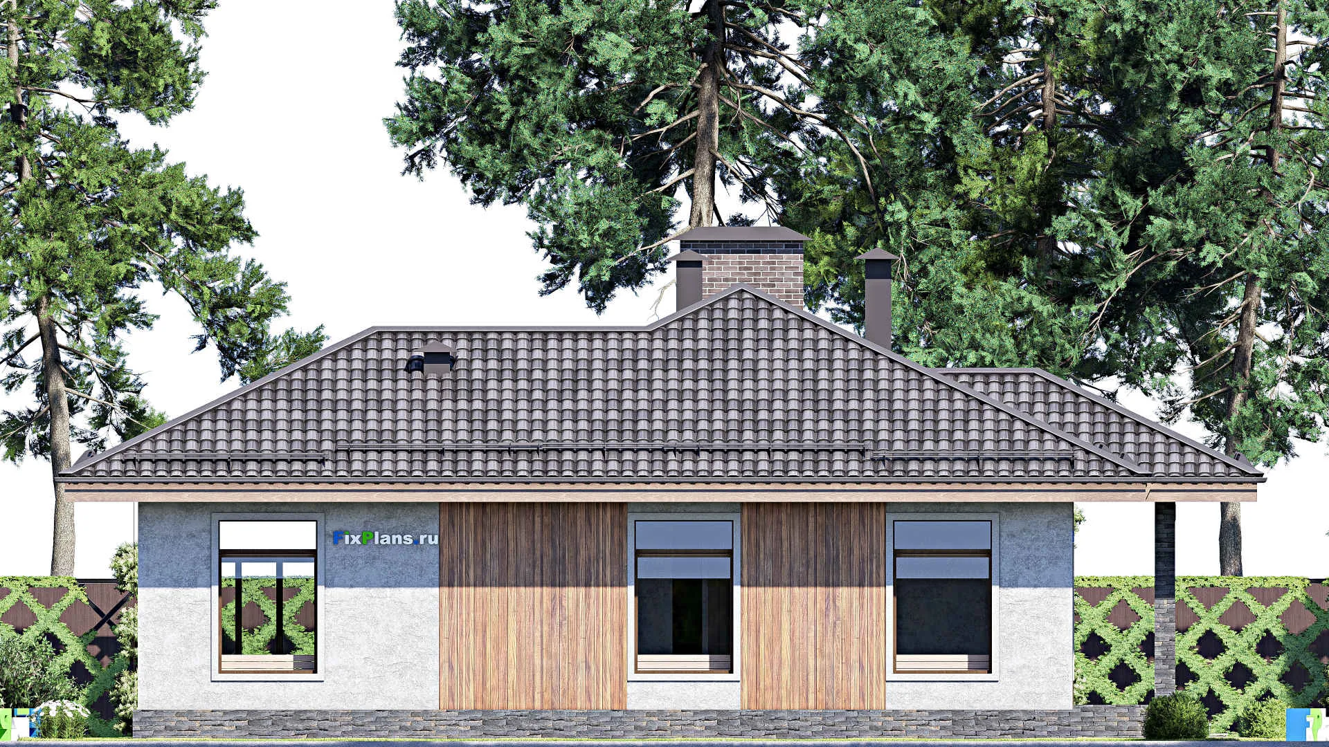 F-13391 - Проект одноэтажного дома 16 на 21, площадью 200 м² с террасой, баней и 3 спальнями