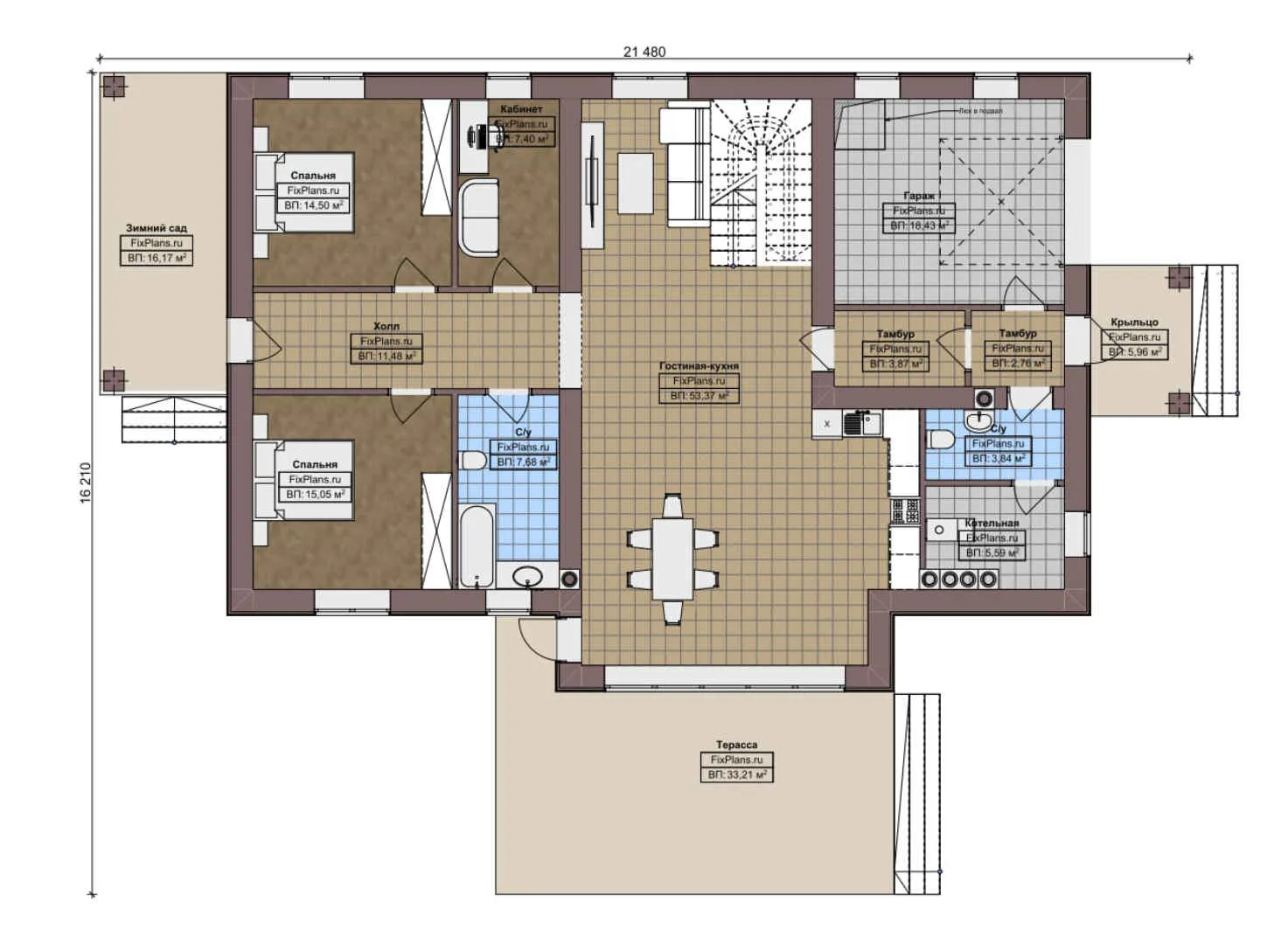 F-7010 - Планы двухэтажного дома 17 на 22, площадью 310 м² с террасой, гаражом на 1 машину и 6 спальнями
