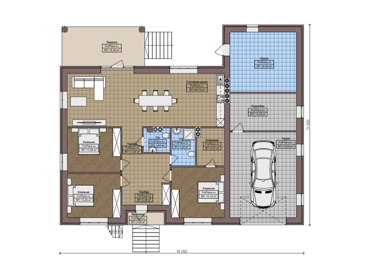 F-3878 - План одноэтажного дома 15 на 19, площадью 340 м² с террасой, цокольным этажом, баней, гаражом на 1 машину и 3 спальнями