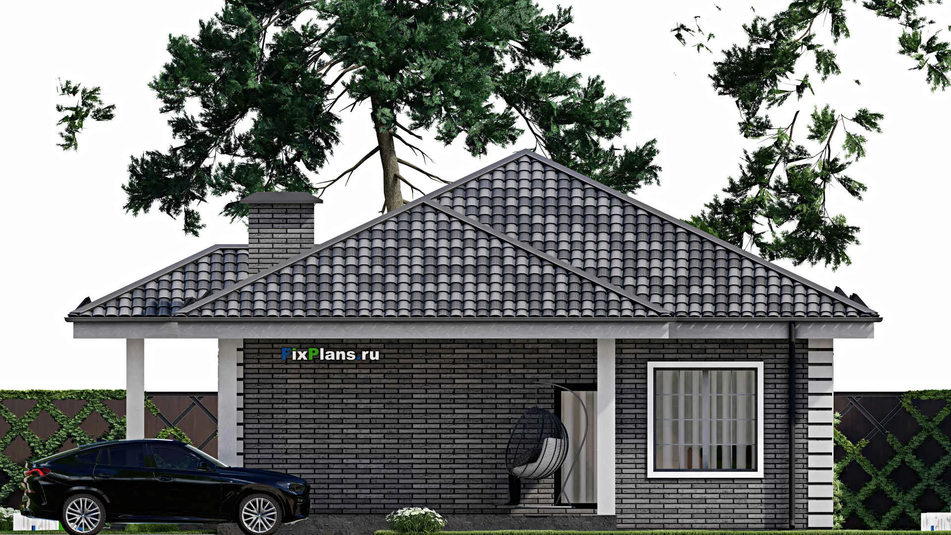 F-7739 - Проект одноэтажного дома 11 на 12, площадью 120 м² с террасой и 3 спальнями