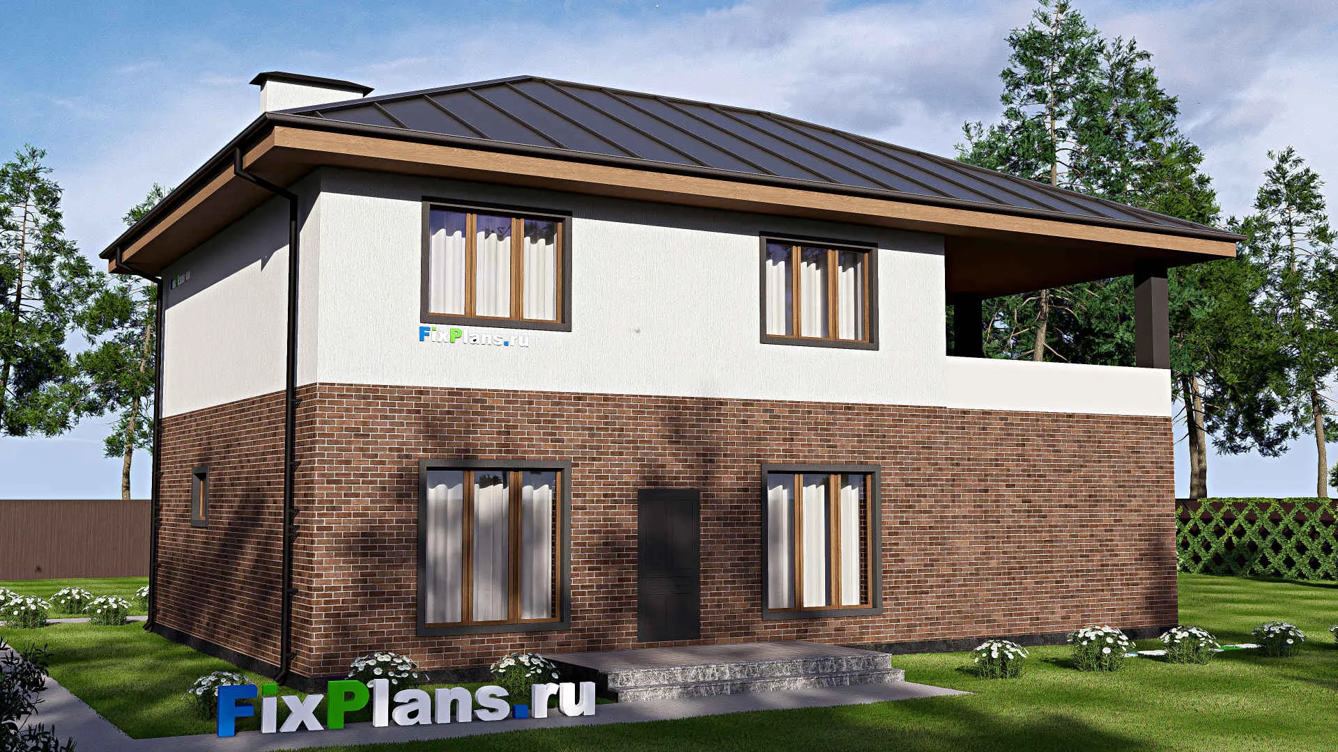 F-17765 - Проект двухэтажного дома 15 на 16, площадью 270 м² с террасой, балконом, гаражом на 2 машины и 5 спальнями