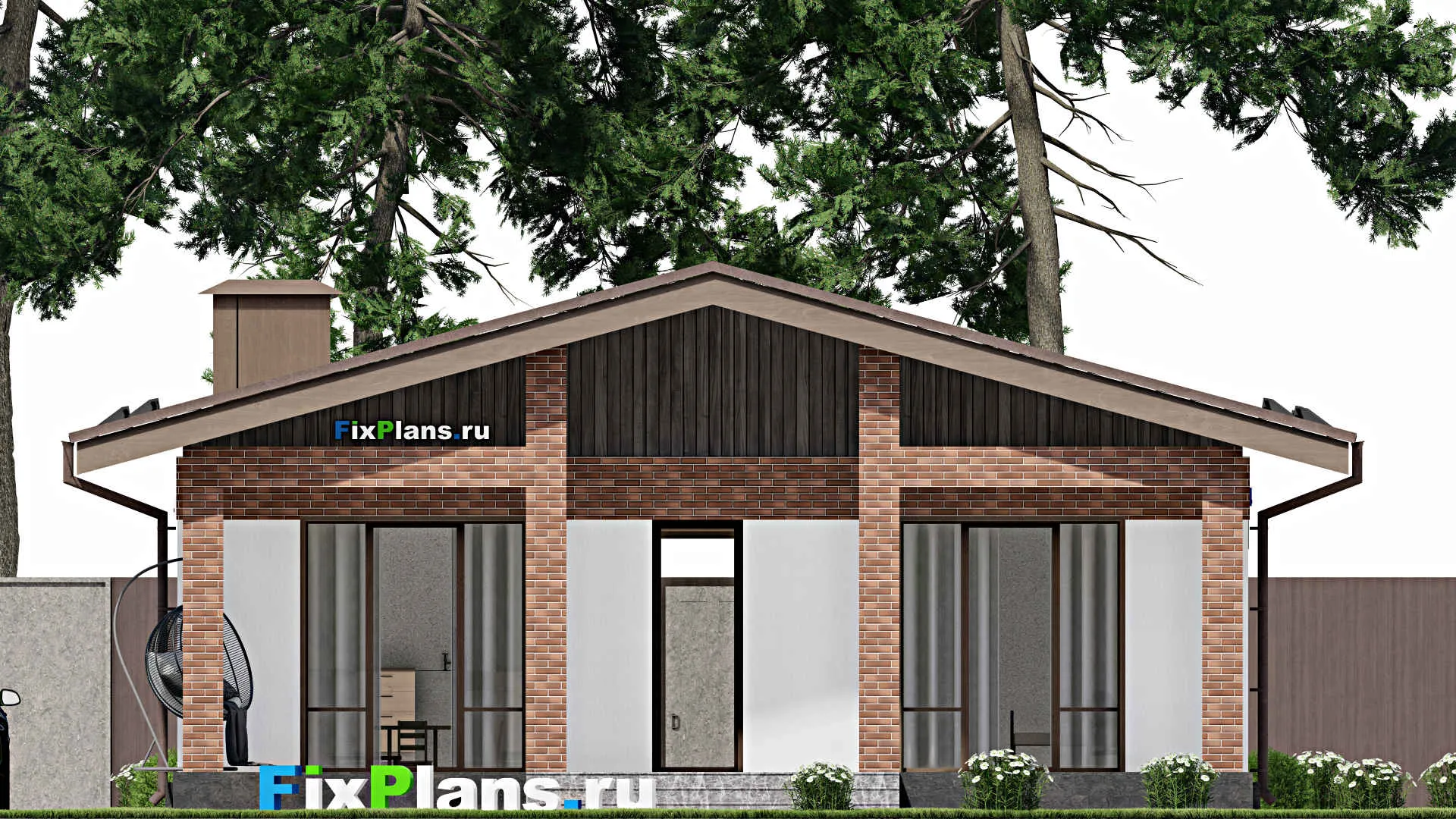 F-6128 - План одноэтажного дома 11 на 13, площадью 150 м² с террасой и 3 спальнями