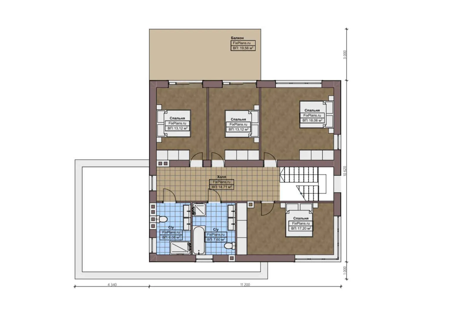 F-1835 - Планы двухэтажного дома 12 на 16, площадью 270 м² с террасой, балконом, гаражом на 1 машину и 4 спальнями
