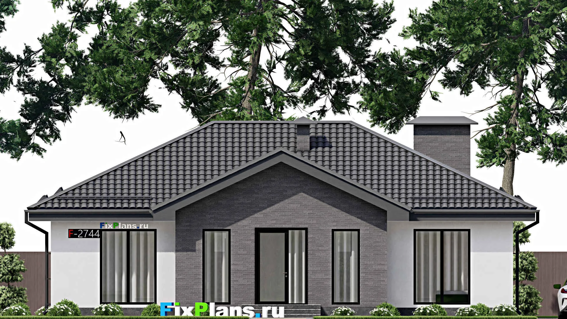 F-2744 - Проект одноэтажного дома 14 на 15, площадью 160 м² с террасой и 3 спальнями