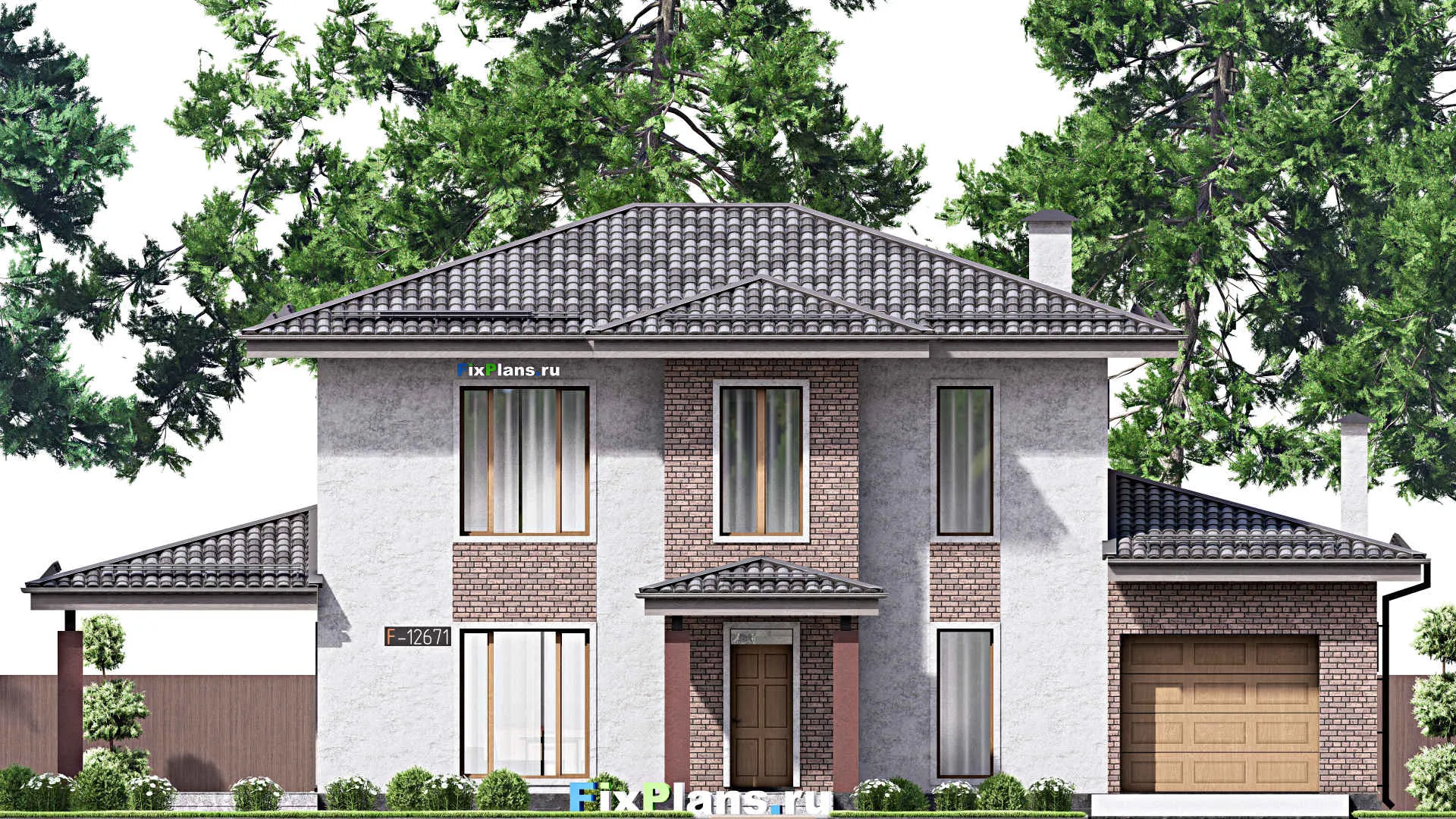 F-12671 - Проект двухэтажного дома 13 на 20, площадью 240 м² с террасой, гаражом на 1 машину и 4 спальнями