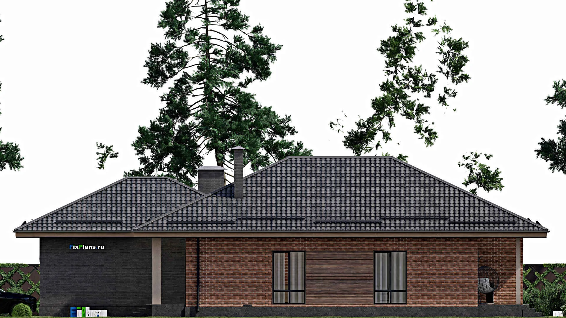 F-2429 - Проект одноэтажного дома 16 на 22, площадью 200 м² с террасой, гаражом на 2 машины и 2 спальнями