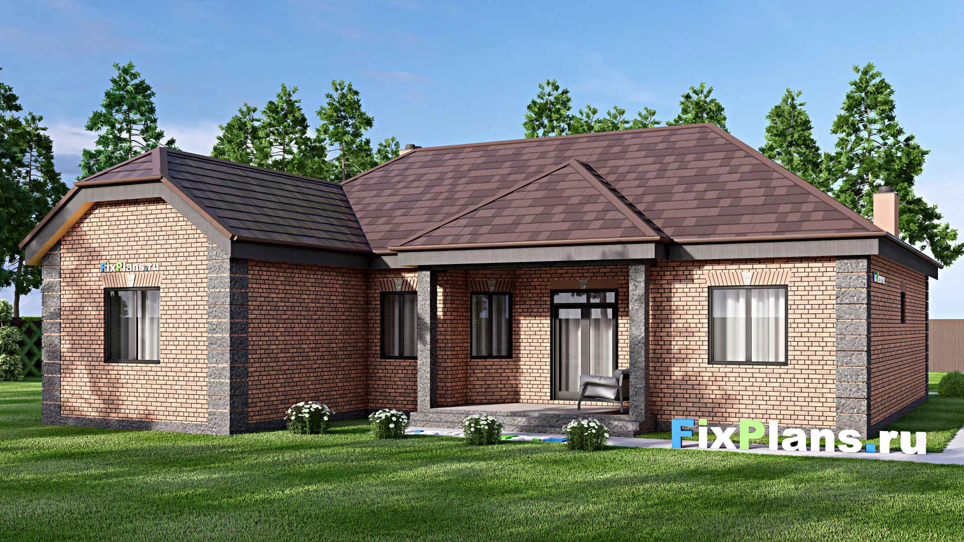 F-16802 - Проект одноэтажного дома 16 на 22, площадью 190 м² с террасой, гаражом на 2 машины и 3 спальнями