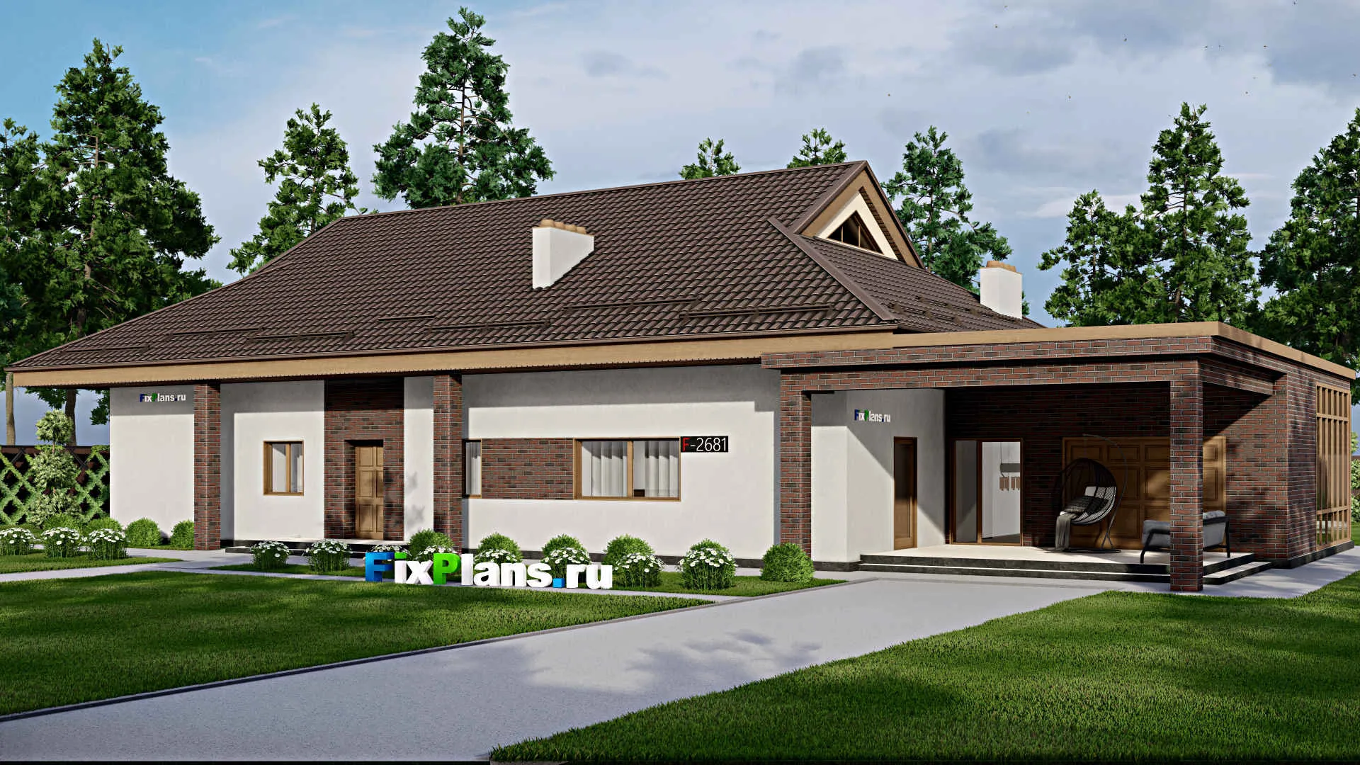 F-2681 - Проект одноэтажного дома 14 на 26, площадью 210 м² с террасой, баней и 2 спальнями