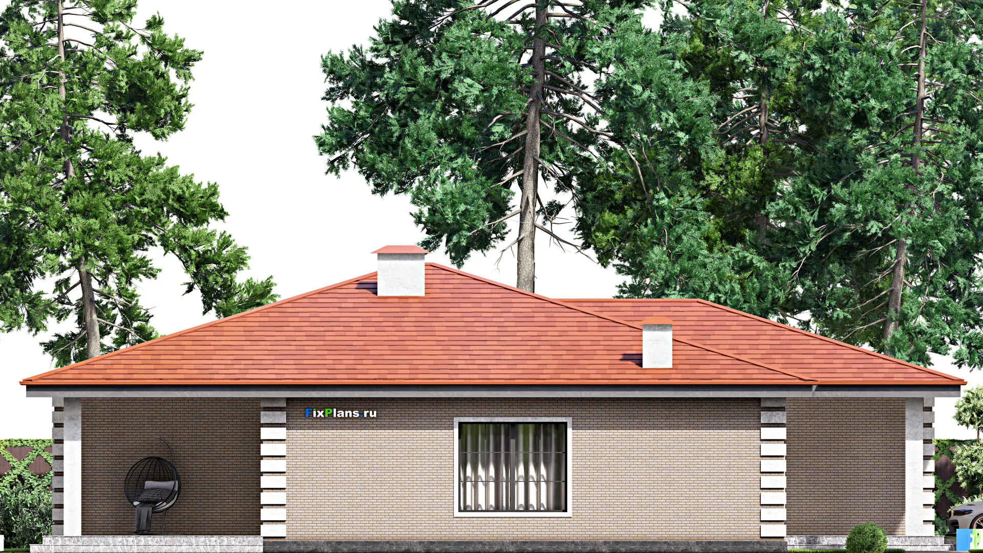 F-15290 - План одноэтажного дома 16 на 19, площадью 220 м² с террасой, гаражом на 1 машину и 3 спальнями