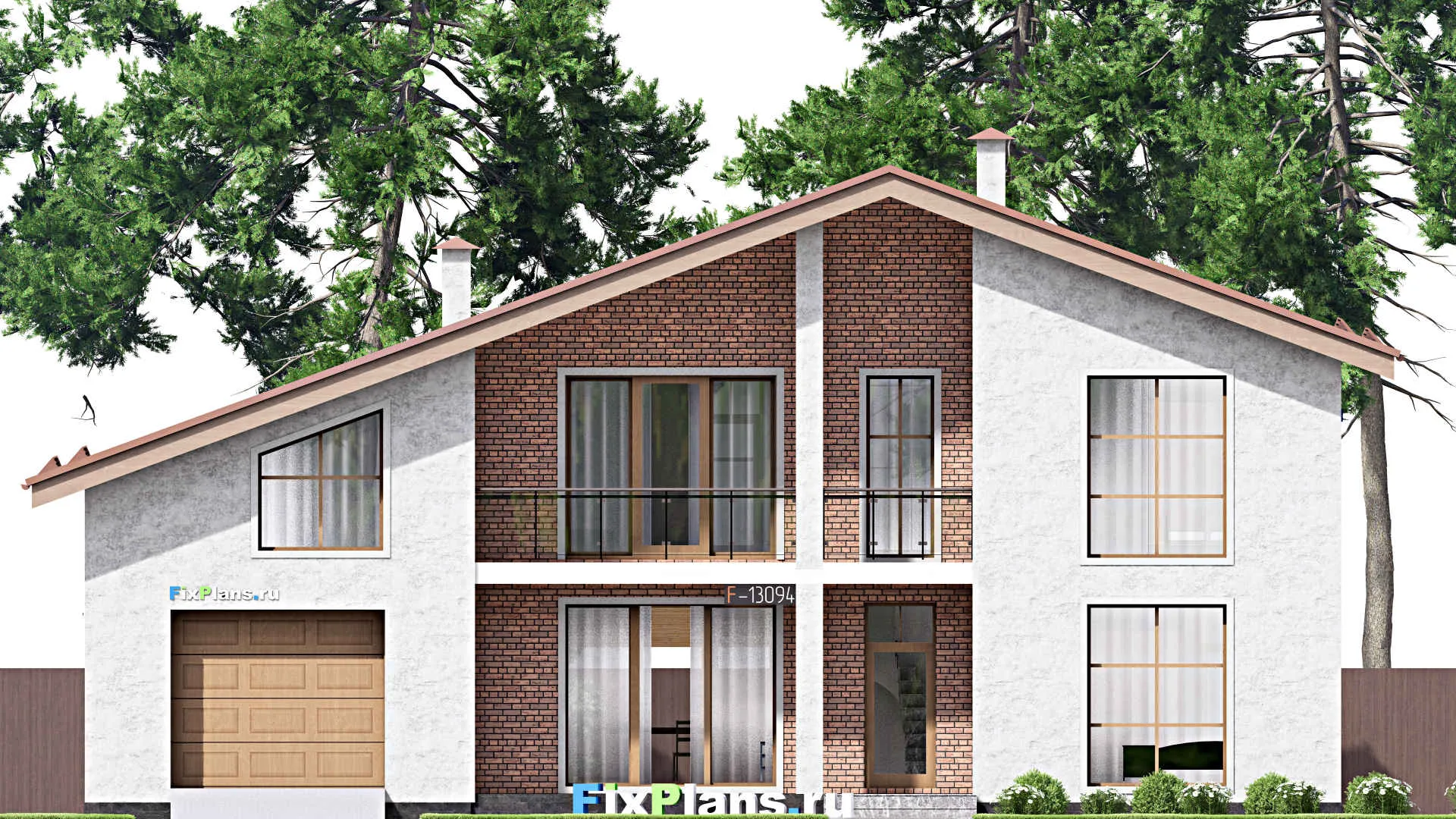 F-13094 - Проект дома с мансардой 12 на 18, площадью 230 м² с террасой, балконом, гаражом на 1 машину и 4 спальнями