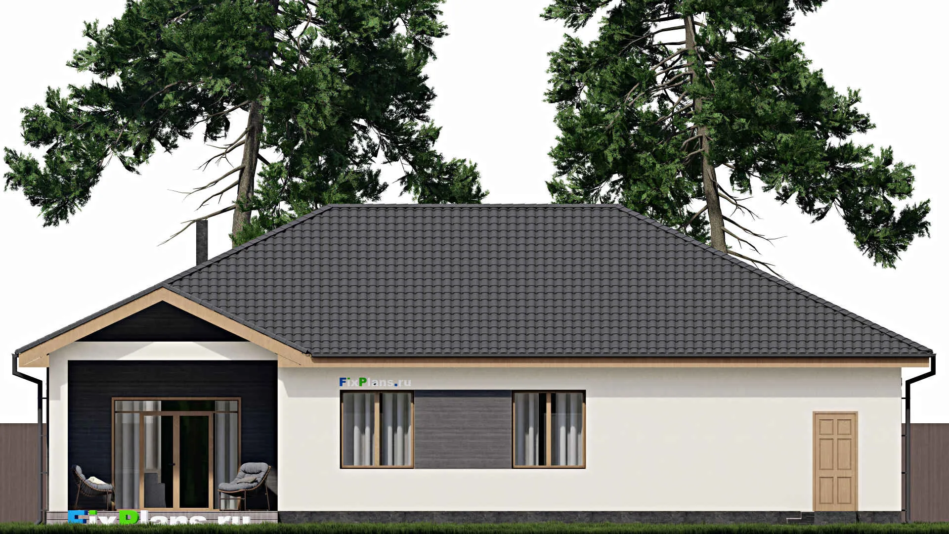 F-0242 - Проект одноэтажного дома 16 на 19, площадью 200 м² с террасой, гаражом на 2 машины и 3 спальнями