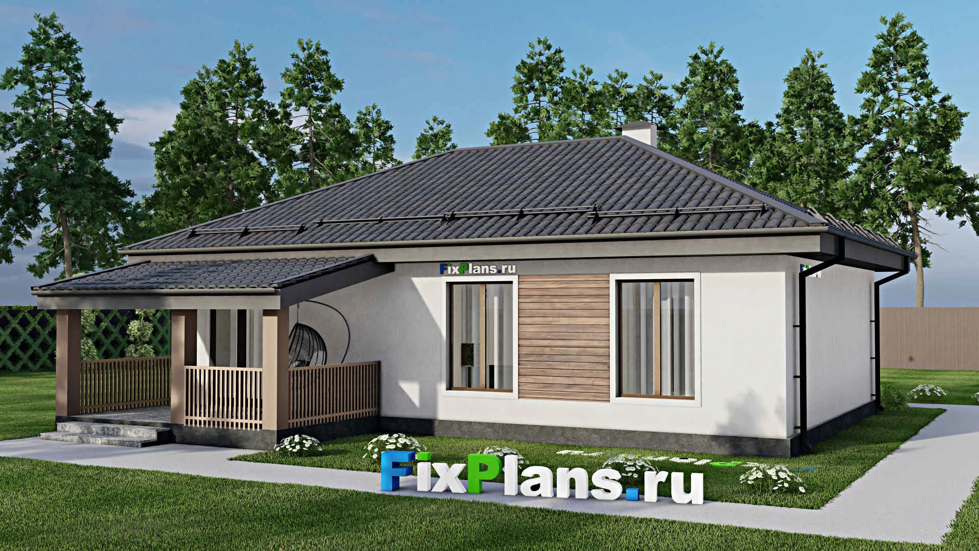 F-9683 - Проект одноэтажного дома 13 на 13, площадью 100 м² с террасой и 3 спальнями