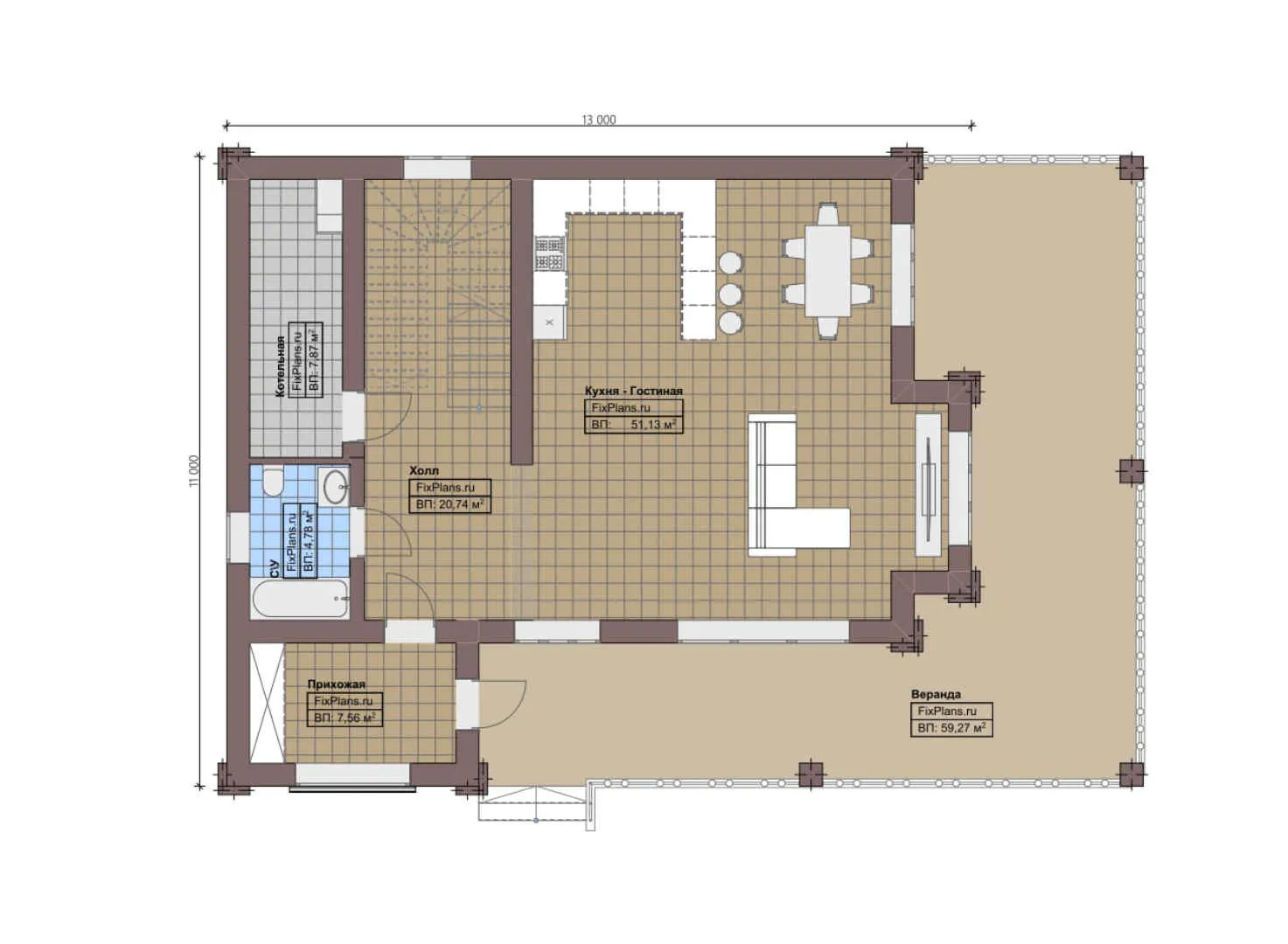 F-0170 - Планы двухэтажного дома 11 на 13, площадью 240 м² с террасой и 2 спальнями