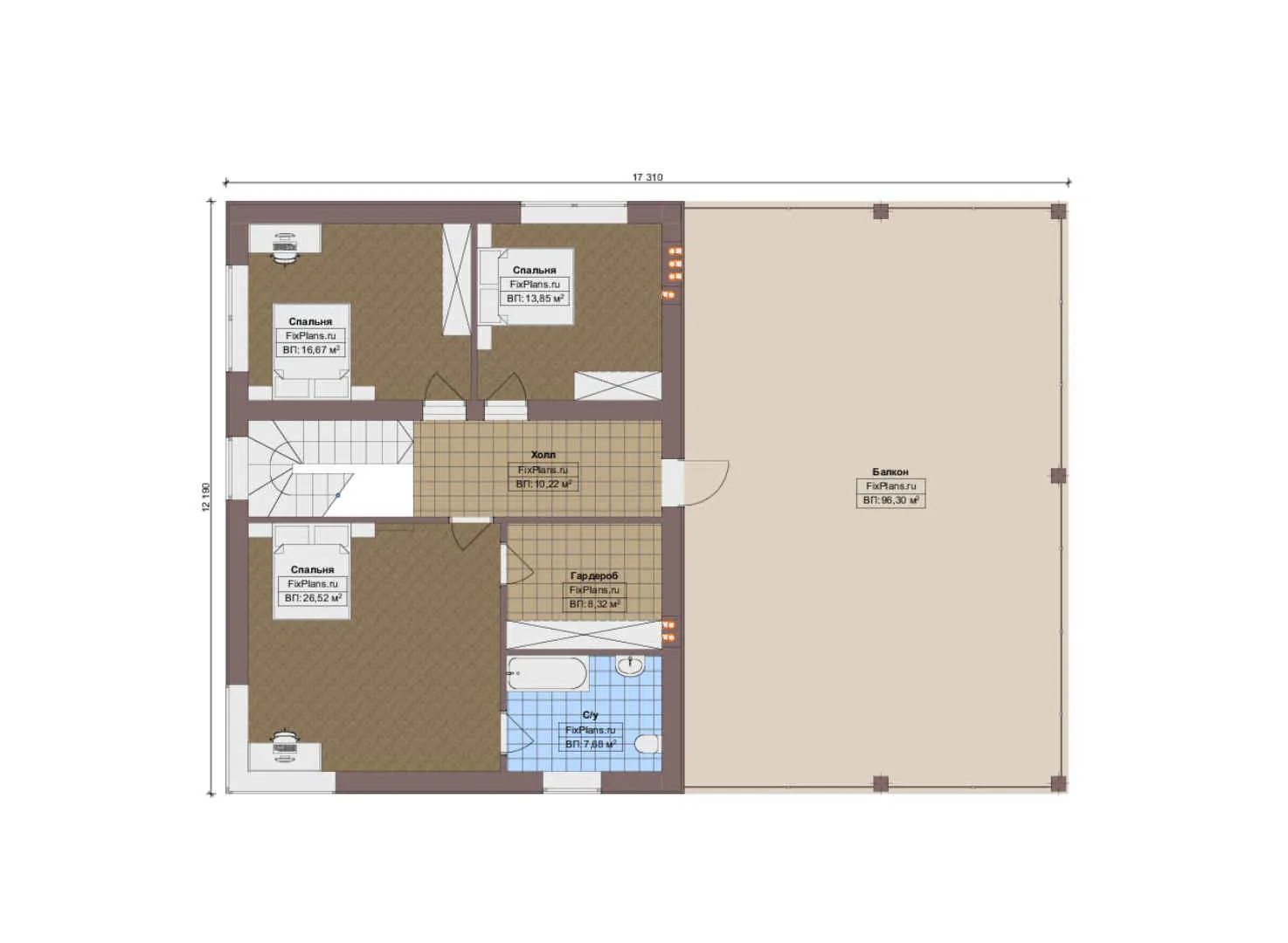 F-14651 - Планы двухэтажного дома 16 на 18, площадью 410 м² с террасой, балконом, гаражом на 2 машины и 4 спальнями