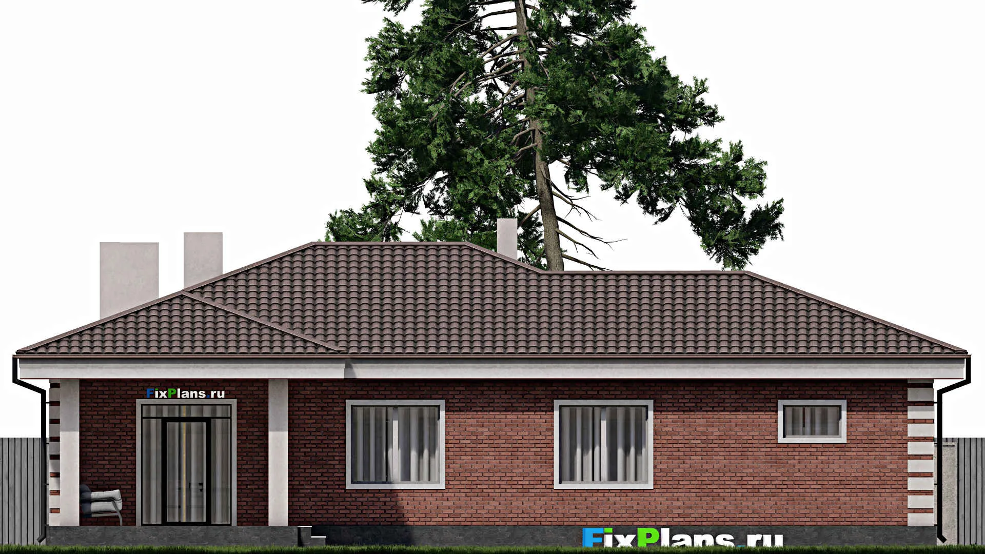 F-0827 - План одноэтажного дома 11 на 18, площадью 150 м² с террасой, гаражом на 1 машину и 3 спальнями