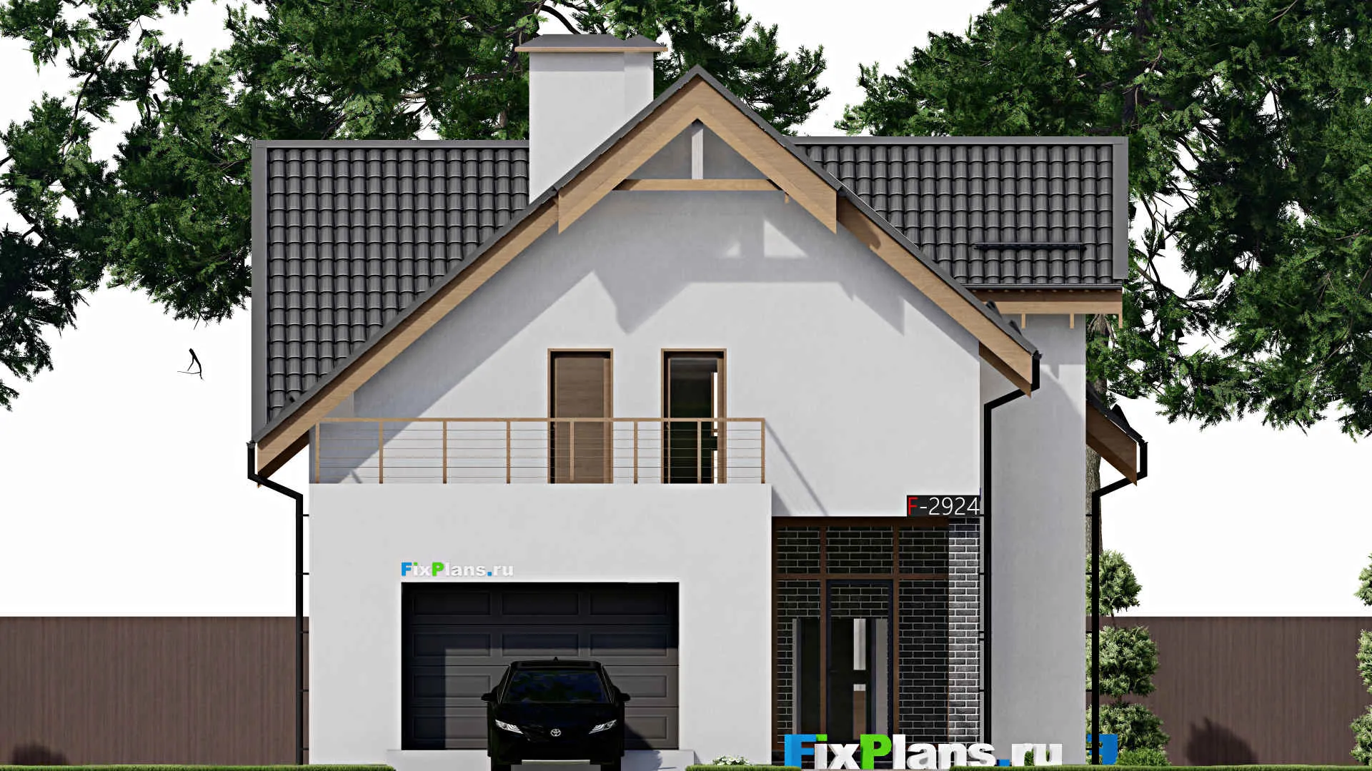 F-2924 - Проект дома с мансардой 11 на 19, площадью 240 м² с террасой, балконом, гаражом на 1 машину и 3 спальнями