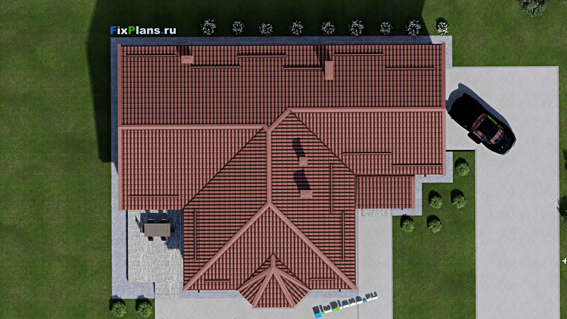 F-1484 - Проект одноэтажного дома 15 на 19, площадью 190 м² с террасой, гаражом на 1 машину и 3 спальнями