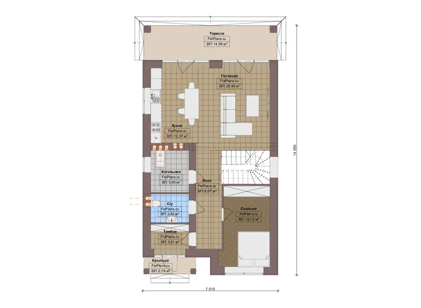 F-12248 - Планы двухэтажного дома 8 на 15, площадью 150 м² с террасой и 4 спальнями