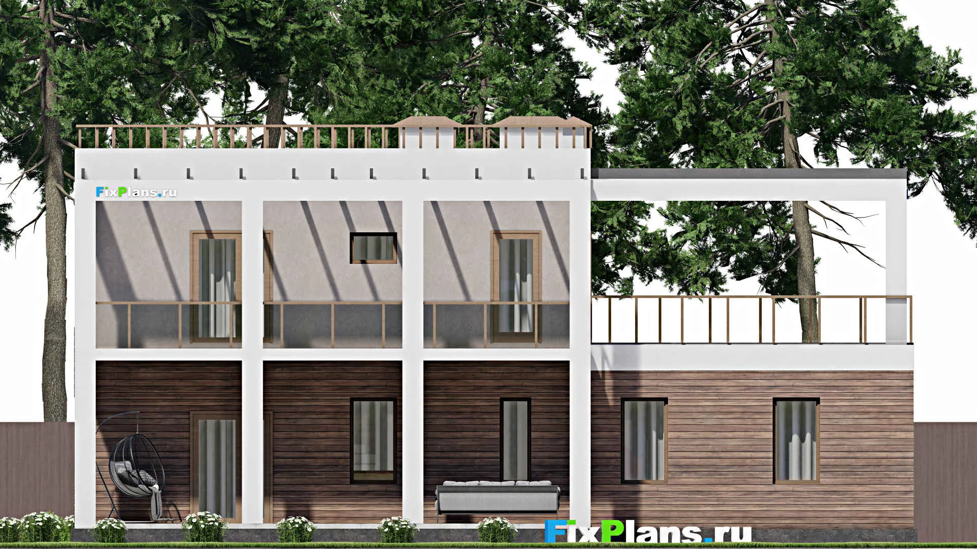 F-6164 - Проект двухэтажного дома 15 на 16, площадью 330 м² с террасой, гаражом на 2 машины и 4 спальнями