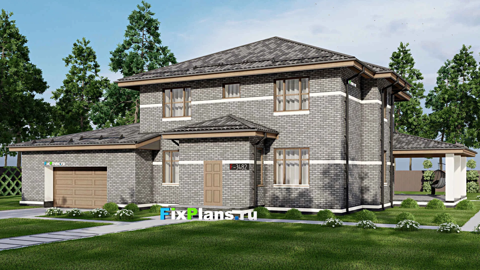 F-3482 - Проект двухэтажного дома 19 на 23, площадью 350 м² с террасой, гаражом на 2 машины и 5 спальнями