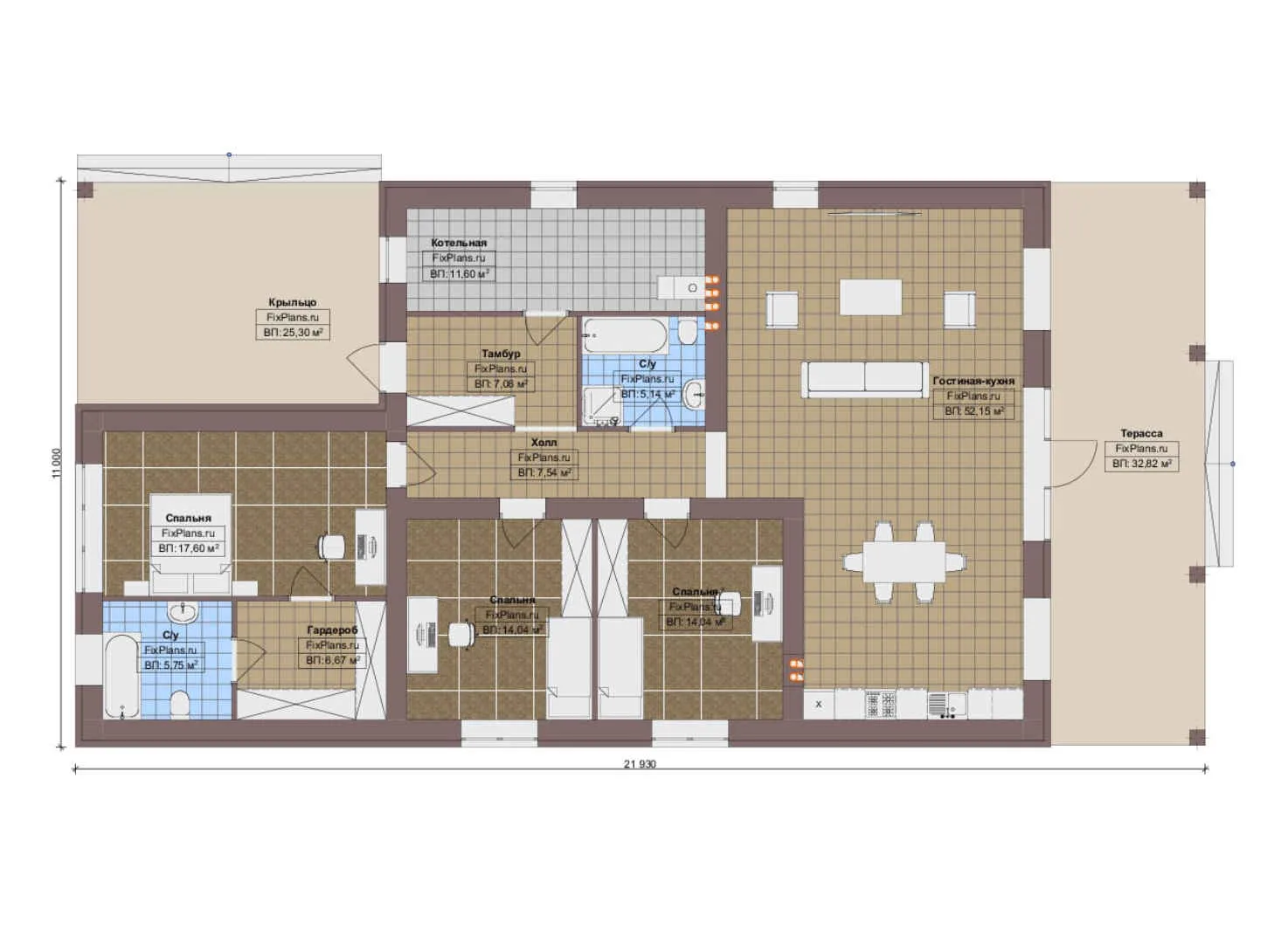 F-13706 - План одноэтажного дома 11 на 22, площадью 200 м² с террасой и 3 спальнями