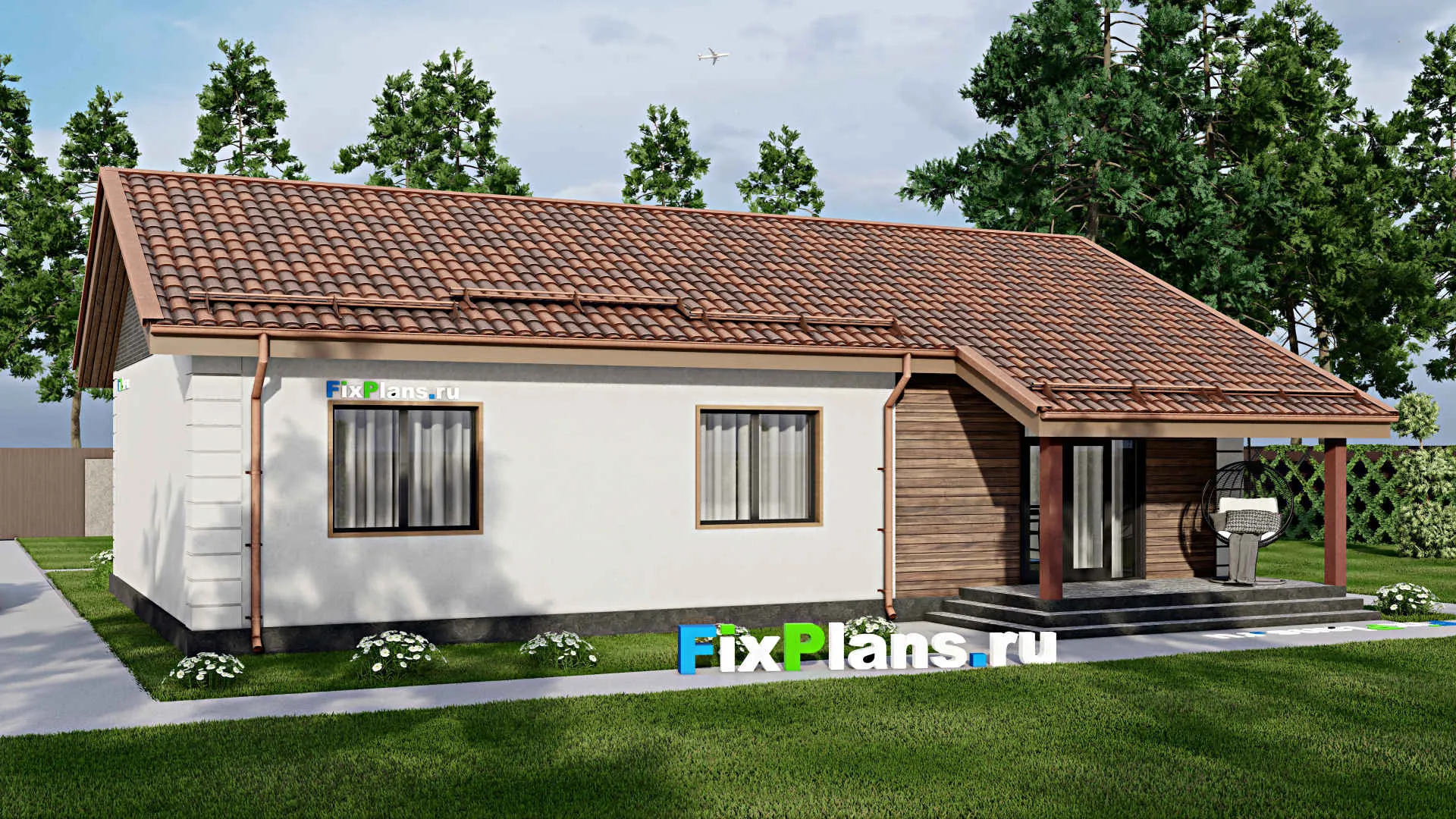 F-7901 - Проект одноэтажного дома 10 на 15, площадью 130 м² с террасой и 3 спальнями