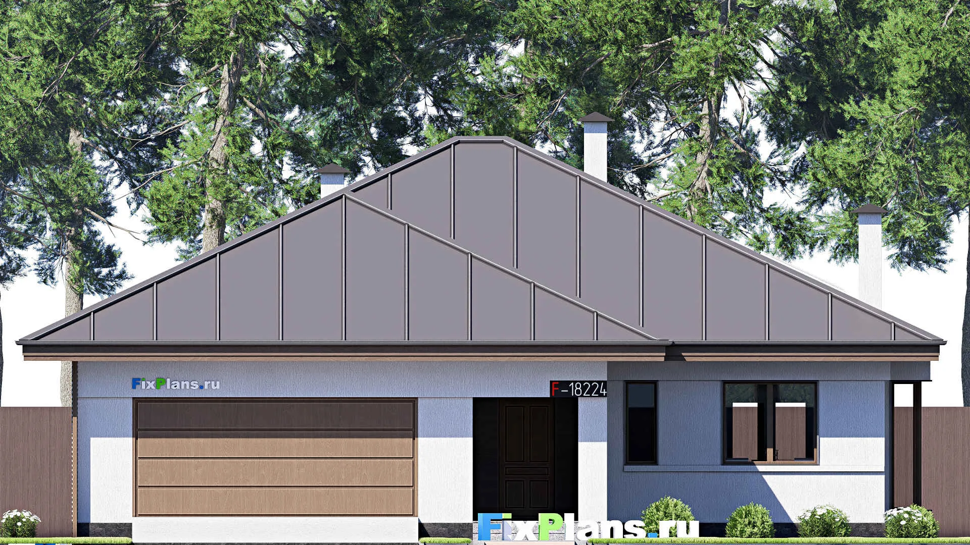 F-18224 - Проект одноэтажного дома 15 на 19, площадью 200 м² с террасой, гаражом на 2 машины и 3 спальнями