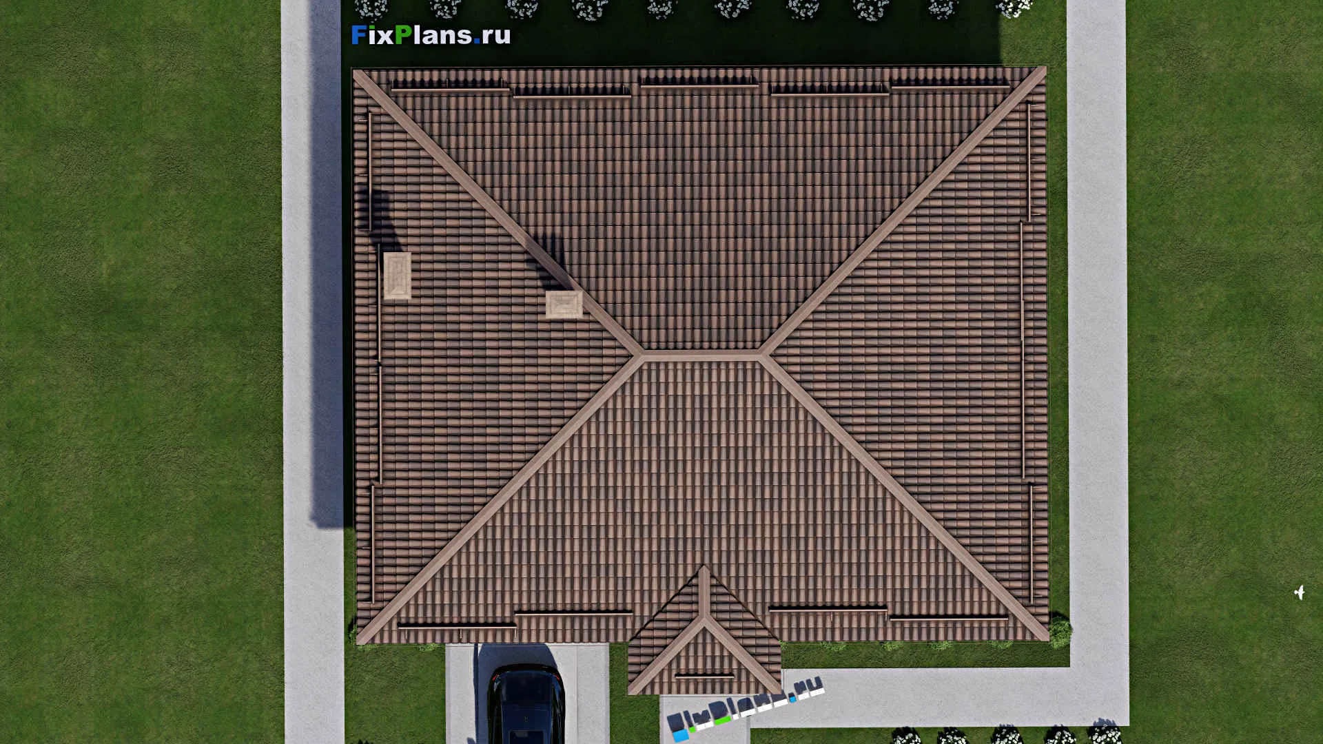 F-10691 - Проект одноэтажного дома 10 на 14, площадью 170 м² с гаражом на 2 машины и 3 спальнями