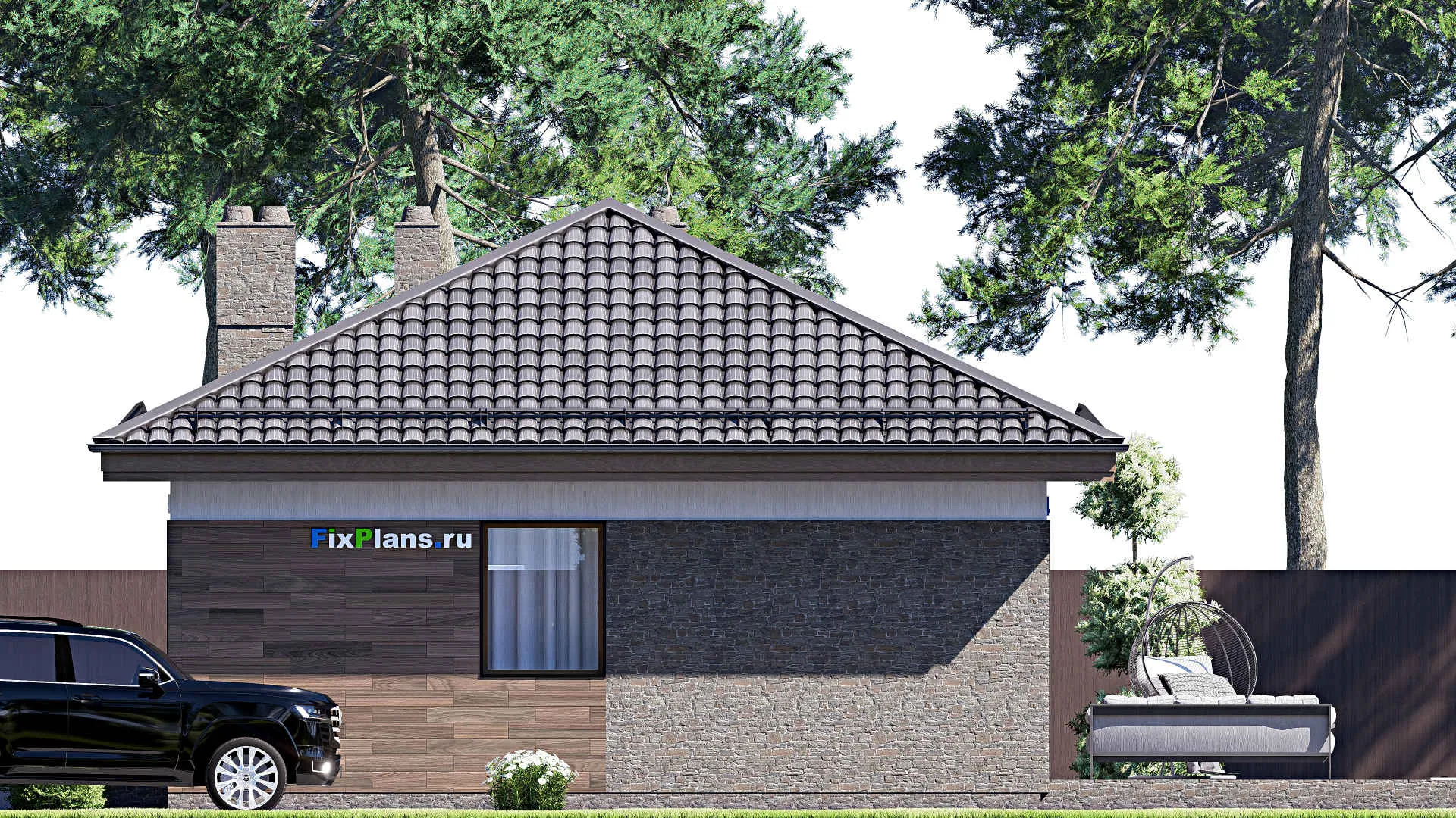 F-16442 - План одноэтажного дома 9 на 15, площадью 90 м² с террасой и 1 спальнями