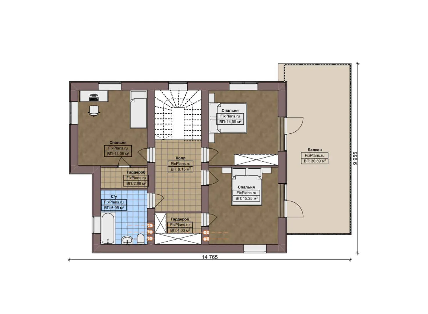 F-6443 - Планы двухэтажного дома 10 на 15, площадью 210 м² с террасой, балконом и 3 спальнями