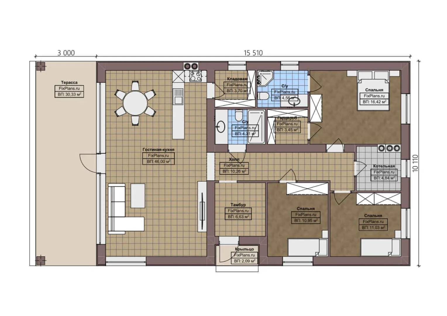 F-2915 - План одноэтажного дома 11 на 16, площадью 160 м² с террасой и 3 спальнями