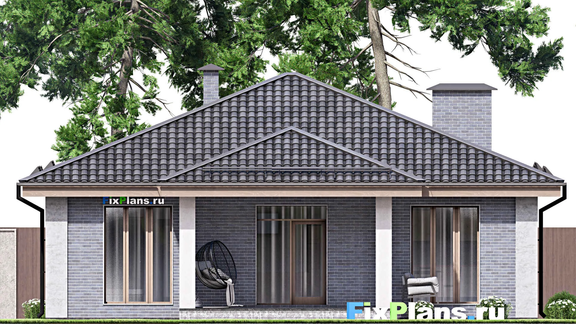 F-12797 - План одноэтажного дома 13 на 15, площадью 130 м² с террасой и 3 спальнями